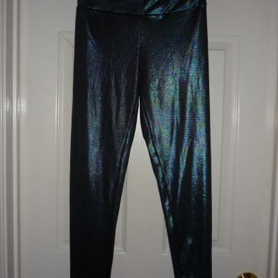 No Boundaries Black Iridescent Rainbow Shiny Leggings, Party Sexy Halloween Sz S